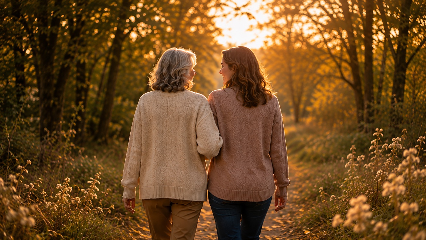 Two women walking arm in arm along a sunlit woodland path