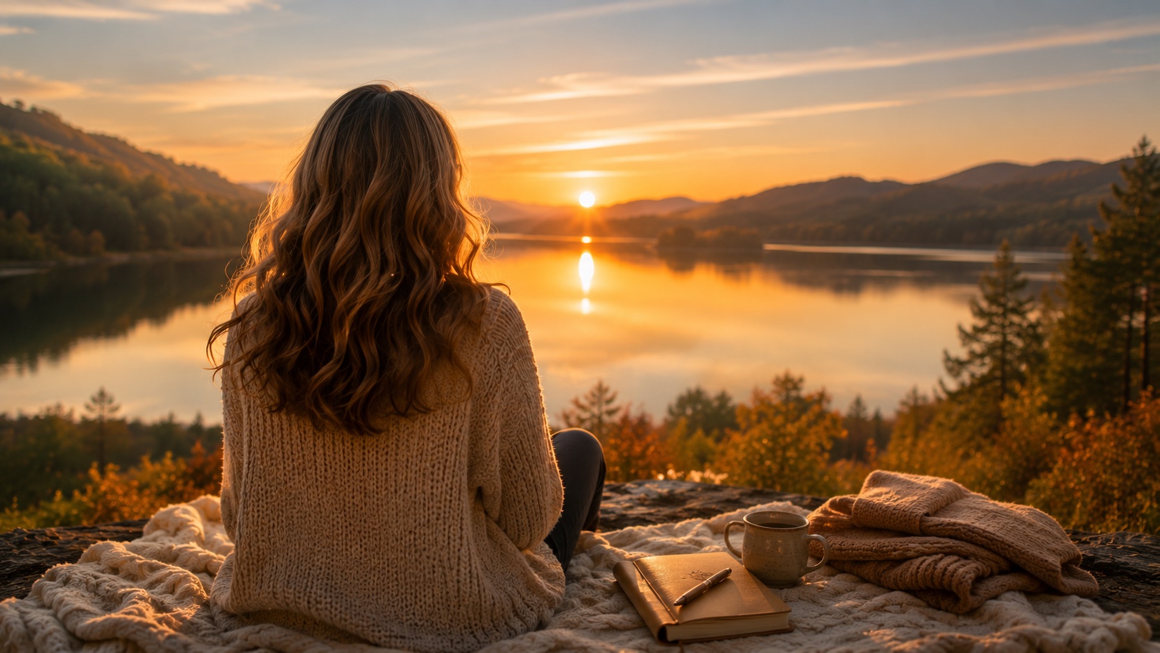 A quiet lake at sunrise, hills folding into golden light